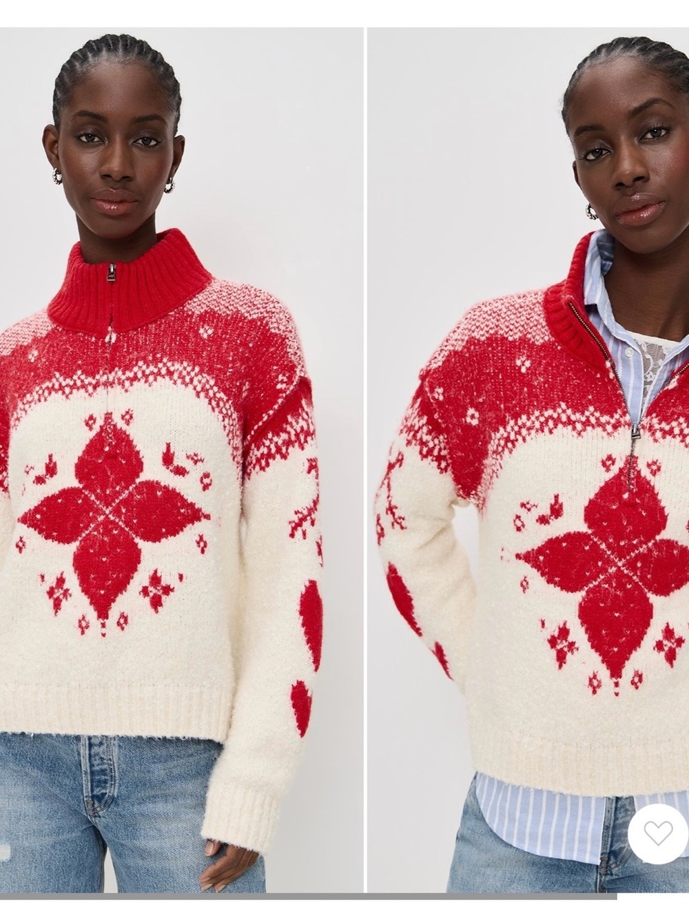 Free People Red & Cream Fair Isle Zip-Up Turtleneck Sweater